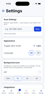 MyNeS Mobile settings screen on iOS