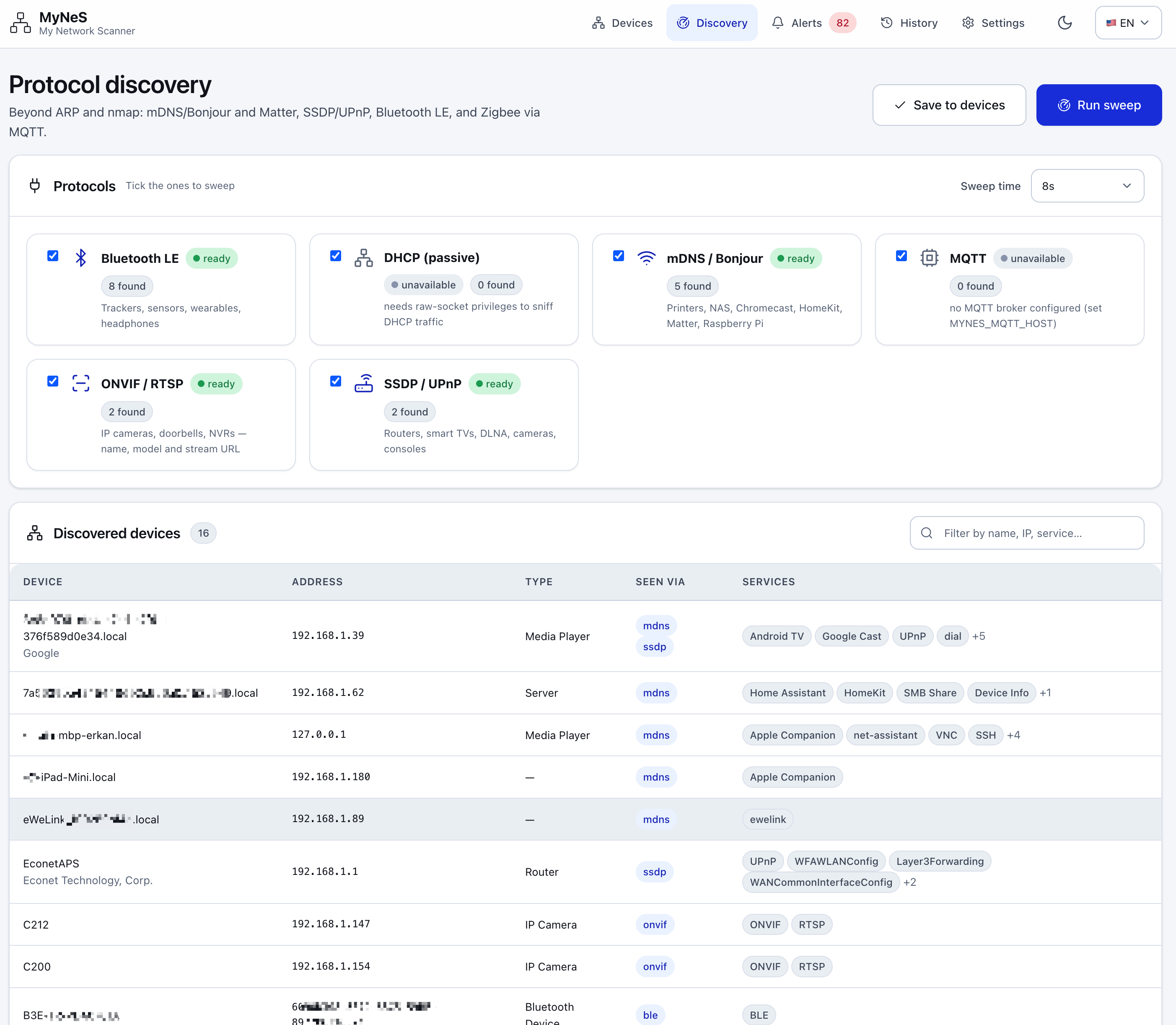 MyNeS multi-protocol discovery screen listing devices found via mDNS, SSDP, Bluetooth LE and MQTT
