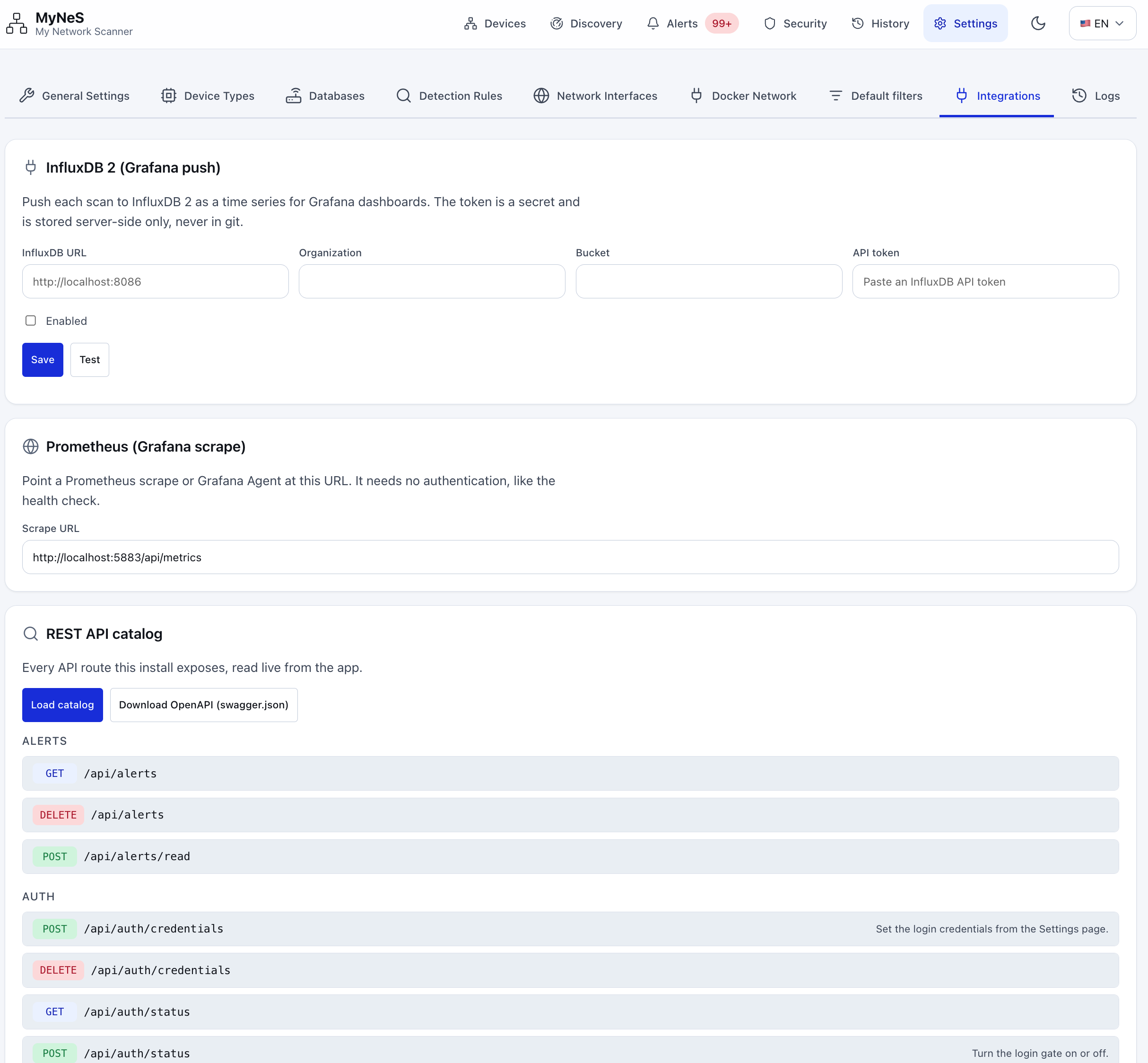 MyNeS integrations screen with InfluxDB, Prometheus and the REST API catalog