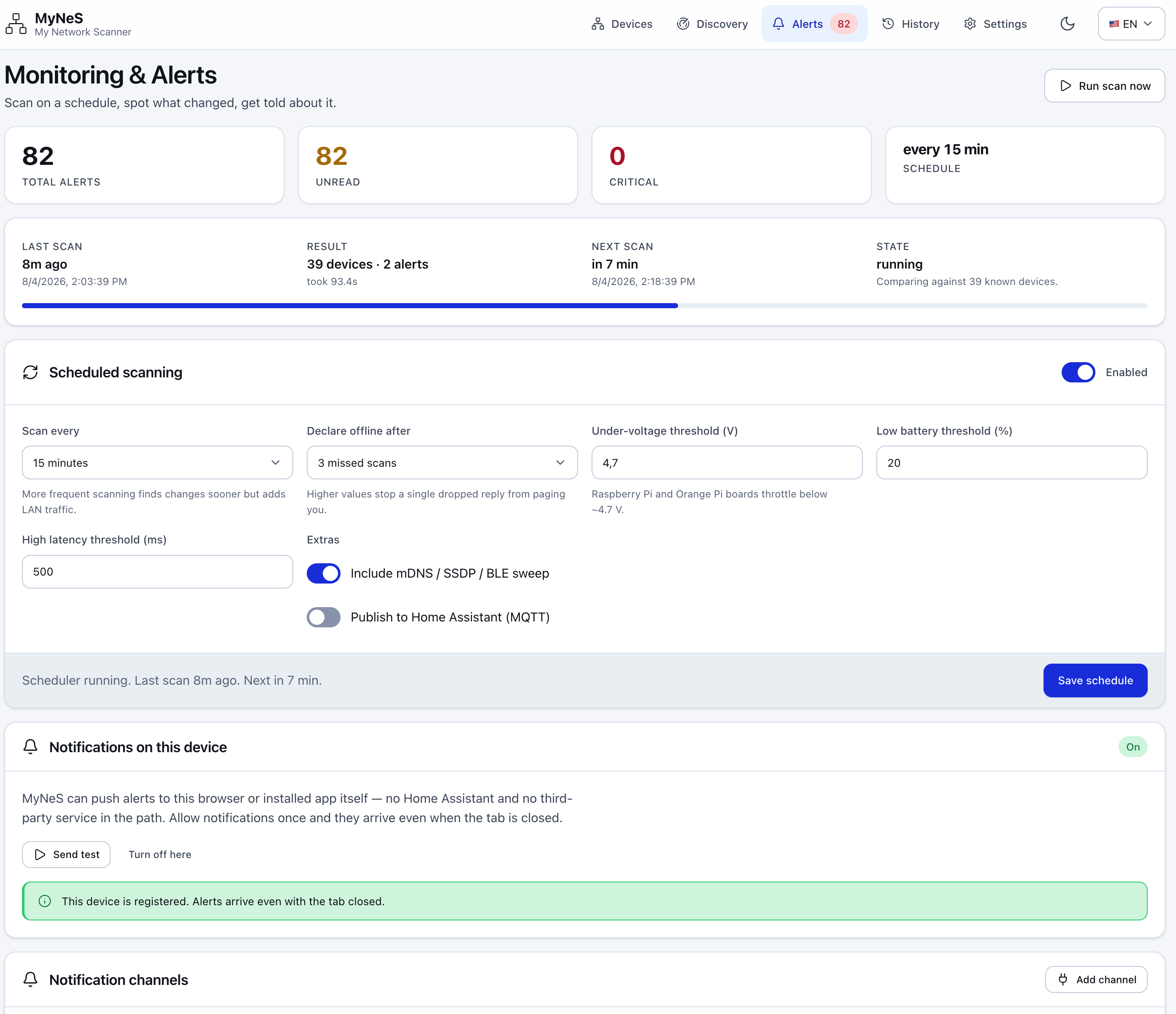 MyNeS monitoring and alerts screen showing scheduled scans and change notifications